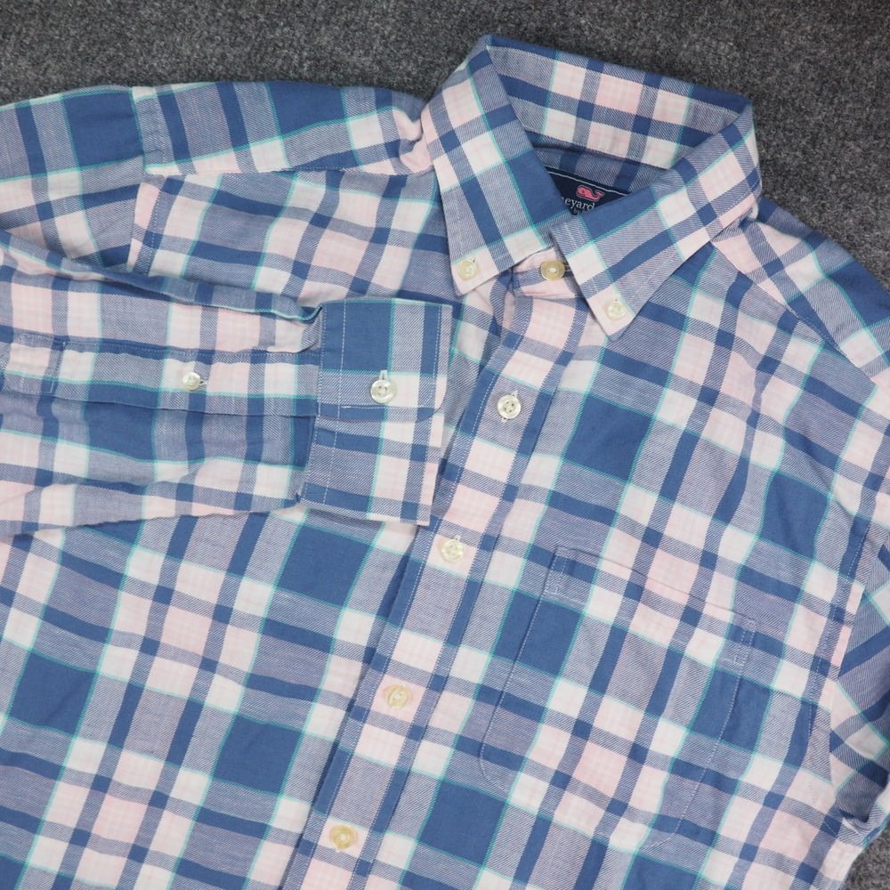 Vineyard Vines Button Down Mens Small Blue Pink Plaid Preppy Coastal Nautical